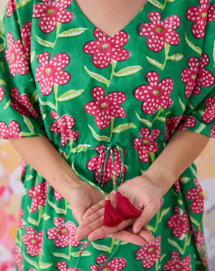 Poppy Hand Block Printed Cotton Kaftan - Full Length