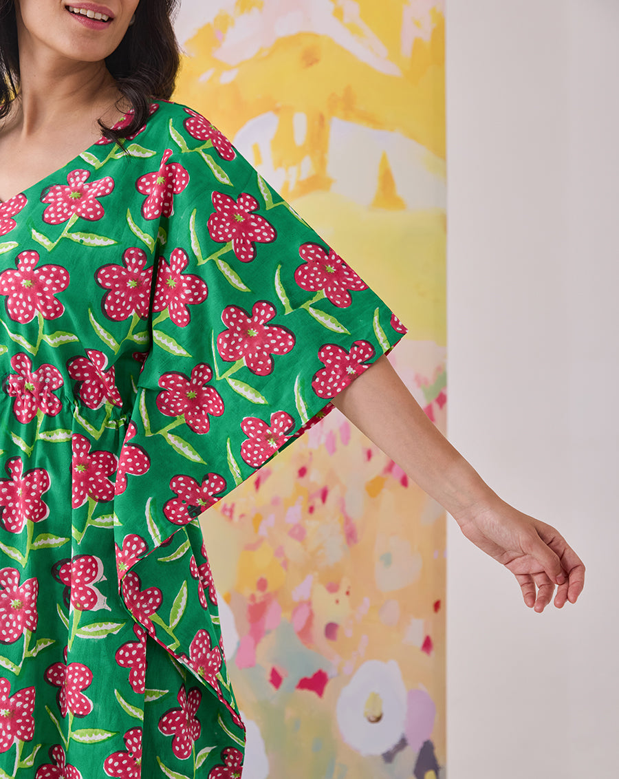 Poppy Hand Block Printed Cotton Kaftan - Full Length