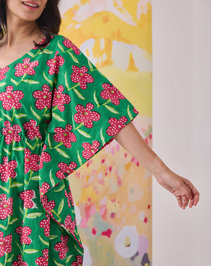Poppy Hand Block Printed Cotton Kaftan - Full Length