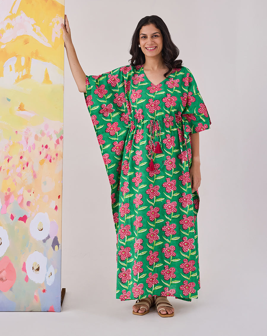 Poppy Hand Block Printed Cotton Kaftan - Full Length
