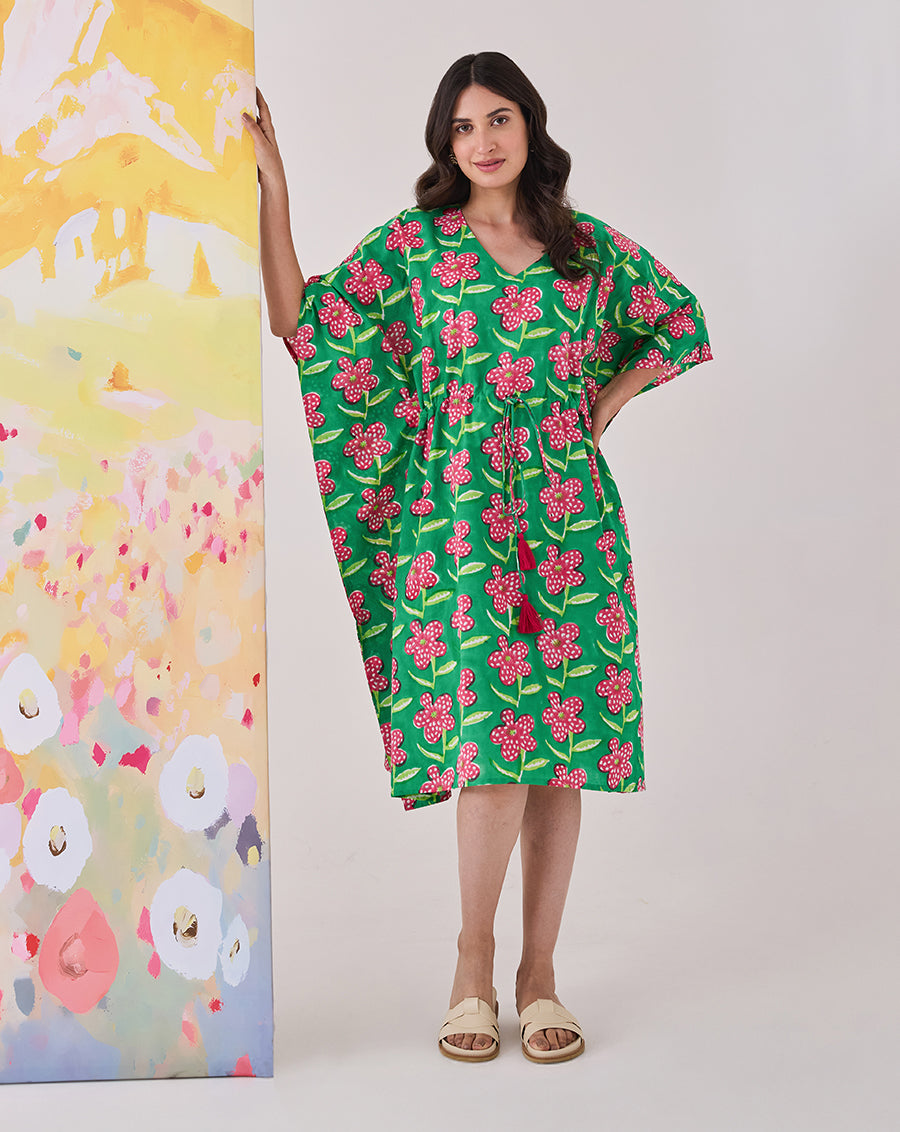 Poppy Hand Block Printed Cotton Midi Kaftan