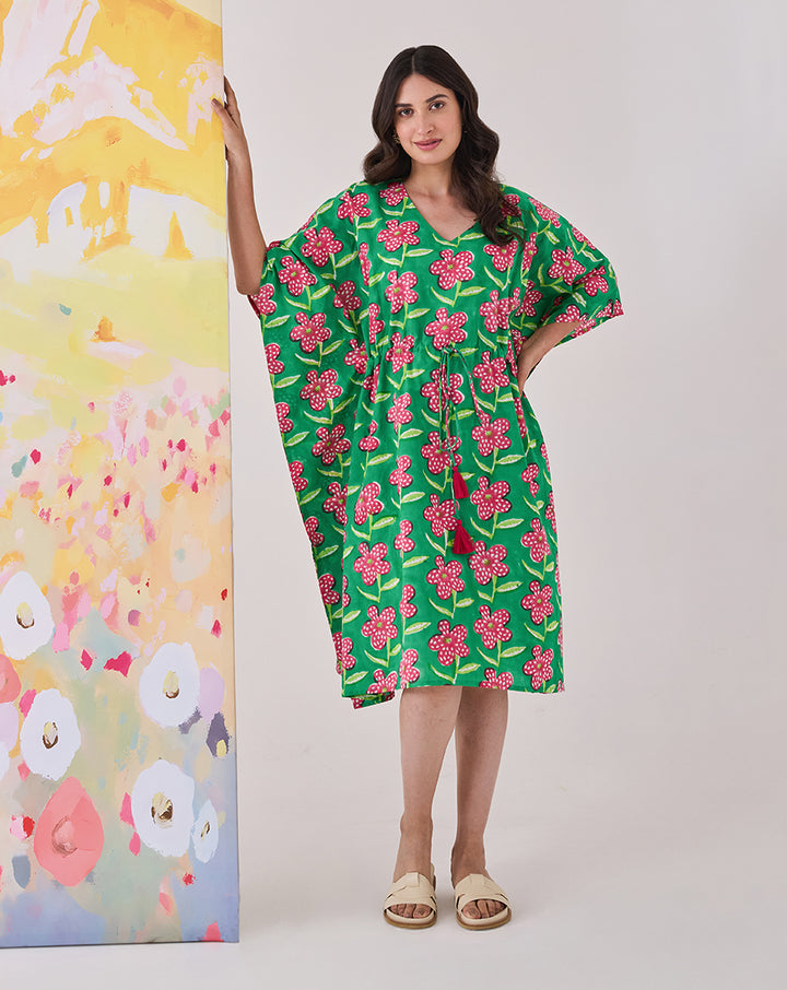 Poppy Hand Block Printed Cotton Midi Kaftan