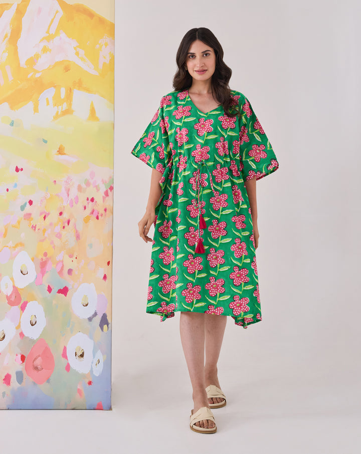 Poppy Hand Block Printed Cotton Midi Kaftan