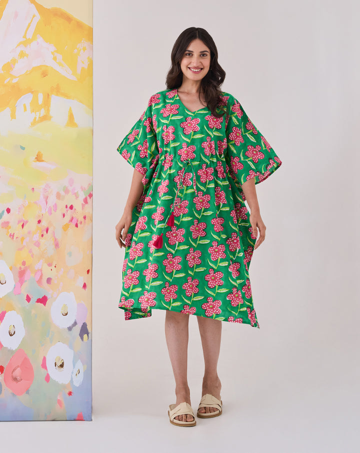 Poppy Hand Block Printed Cotton Midi Kaftan