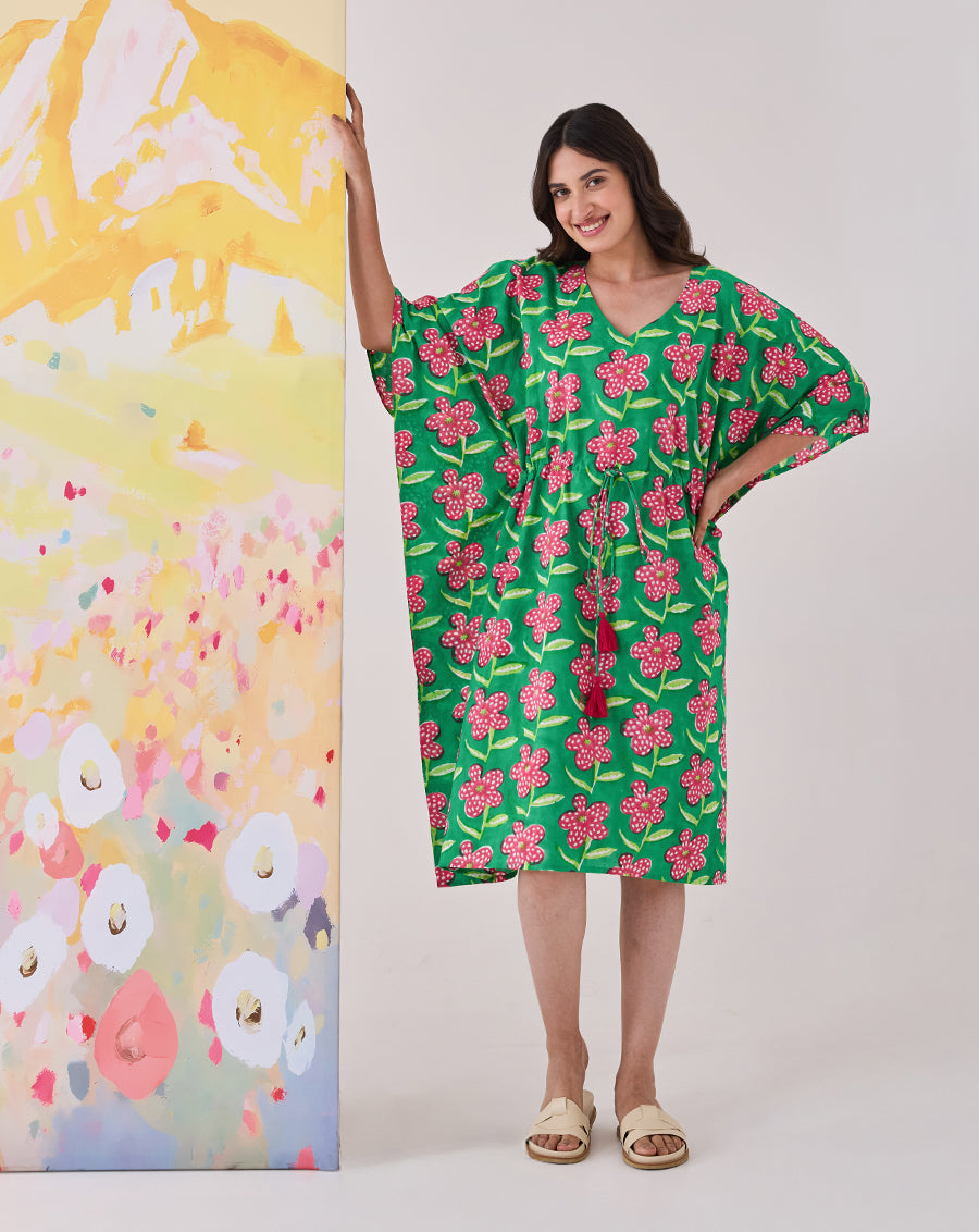 Poppy Hand Block Printed Cotton Midi Kaftan