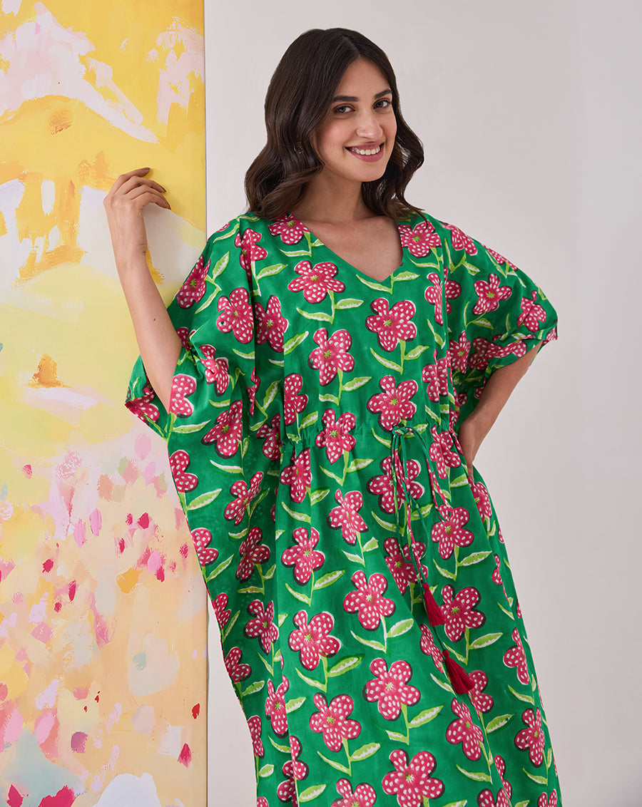 Poppy Hand Block Printed Cotton Midi Kaftan