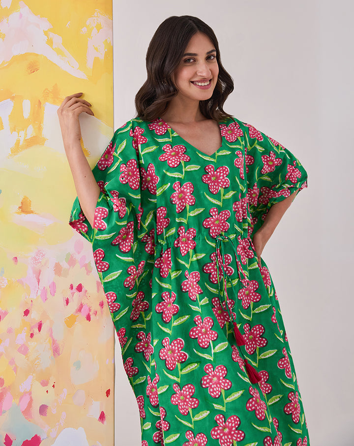 Poppy Hand Block Printed Cotton Midi Kaftan