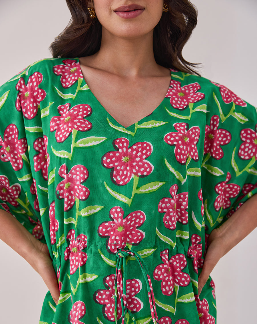 Poppy Hand Block Printed Cotton Midi Kaftan