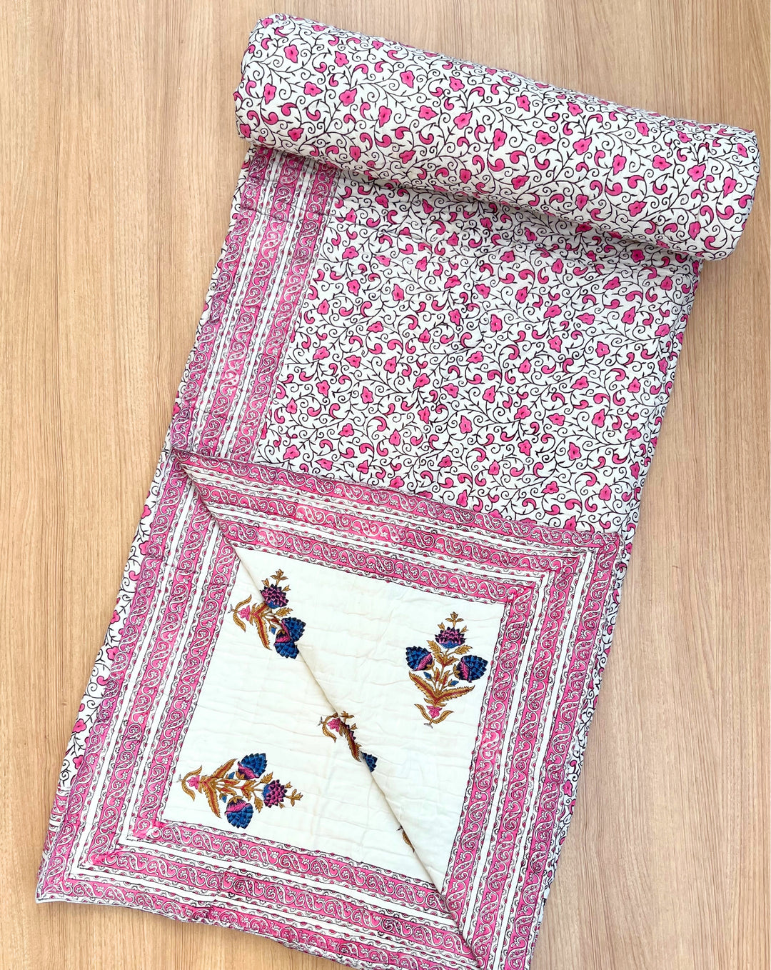 Gulabi jaal Hand Block Printed Cotton Quilt - Minor Defect B10