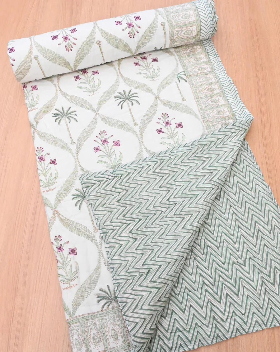 Gulmohar Hand Block Printed Cotton Quilt - Minor Defect B16
