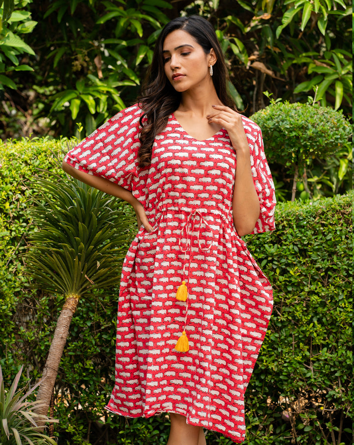 Happy Hippos Hand Block Printed Cotton Kaftan - Midi Length