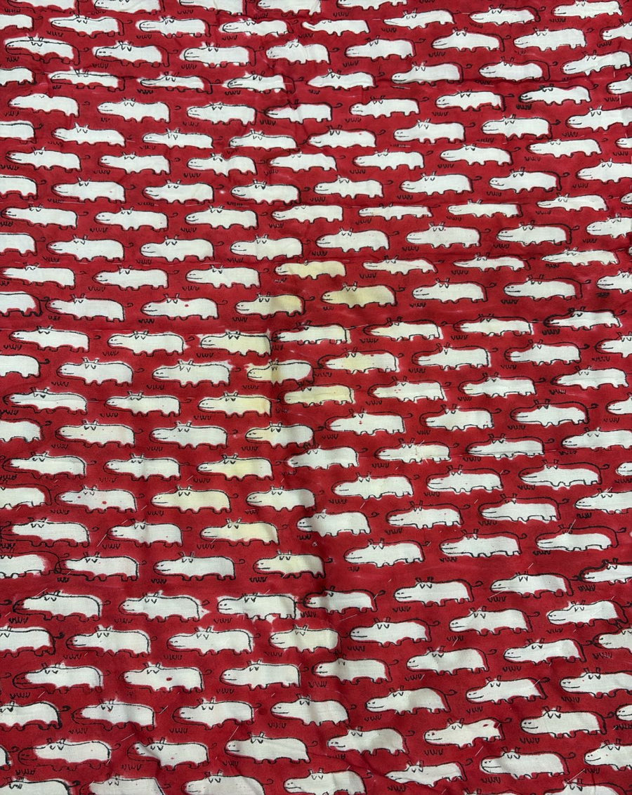 Happy Hippos Hand Block Printed Cotton Quilt - Minor Defect K93