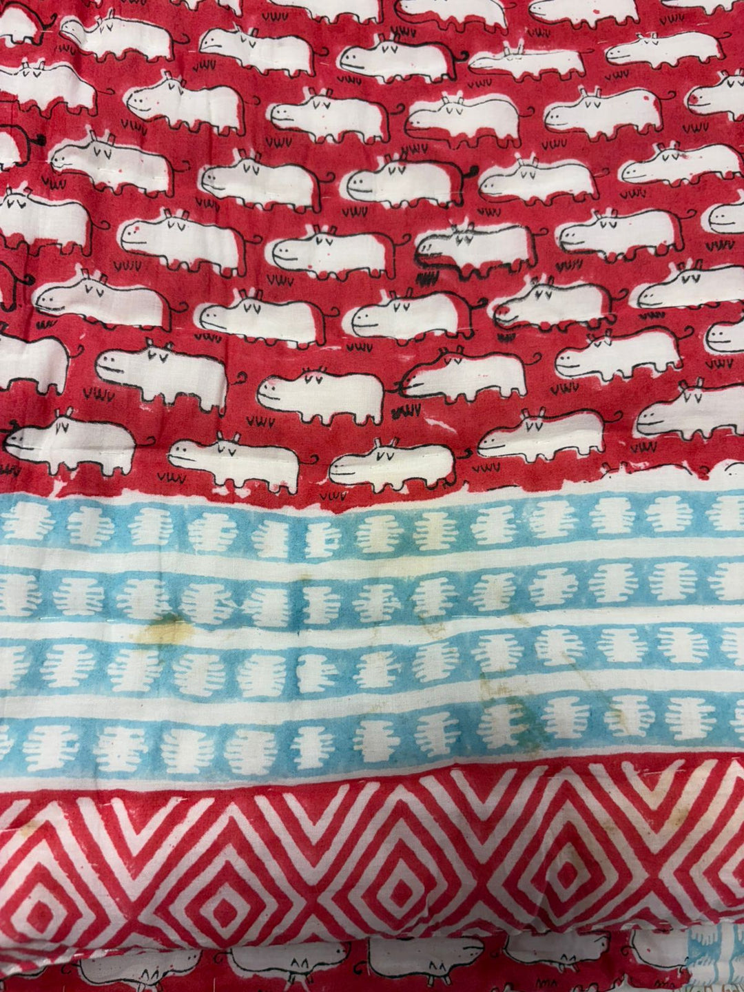 Happy Hippos Hand Block Printed Cotton Quilt - Minor Defect B15