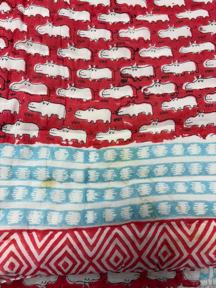 Happy Hippos Hand Block Printed Cotton Quilt - Minor Defect B15