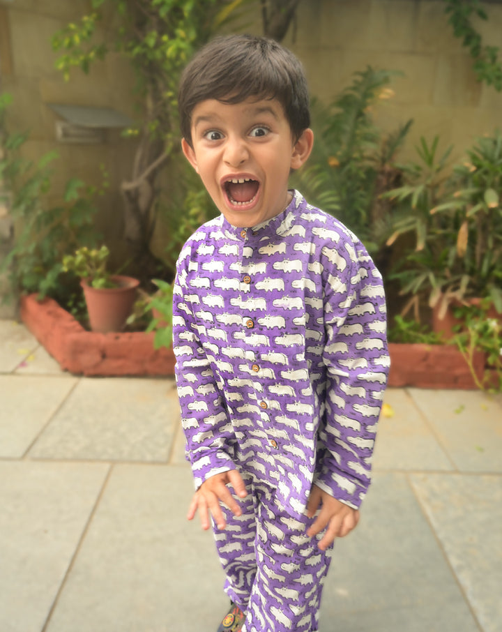 Happy Hippos Cotton Shirt Pyjama Set for Kids