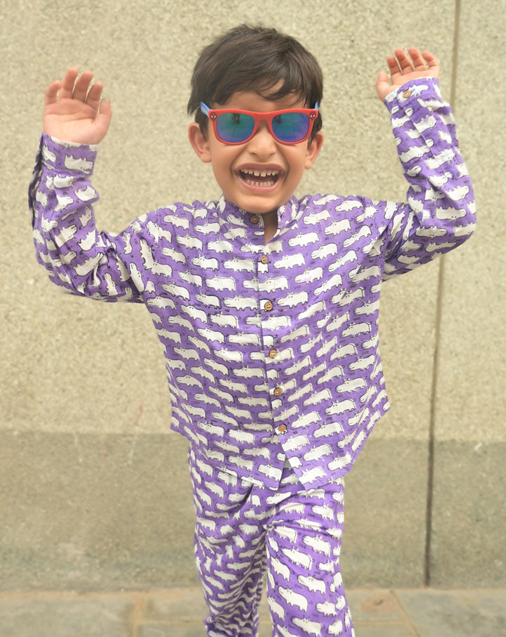 Happy Hippos Cotton Shirt Pyjama Set for Kids