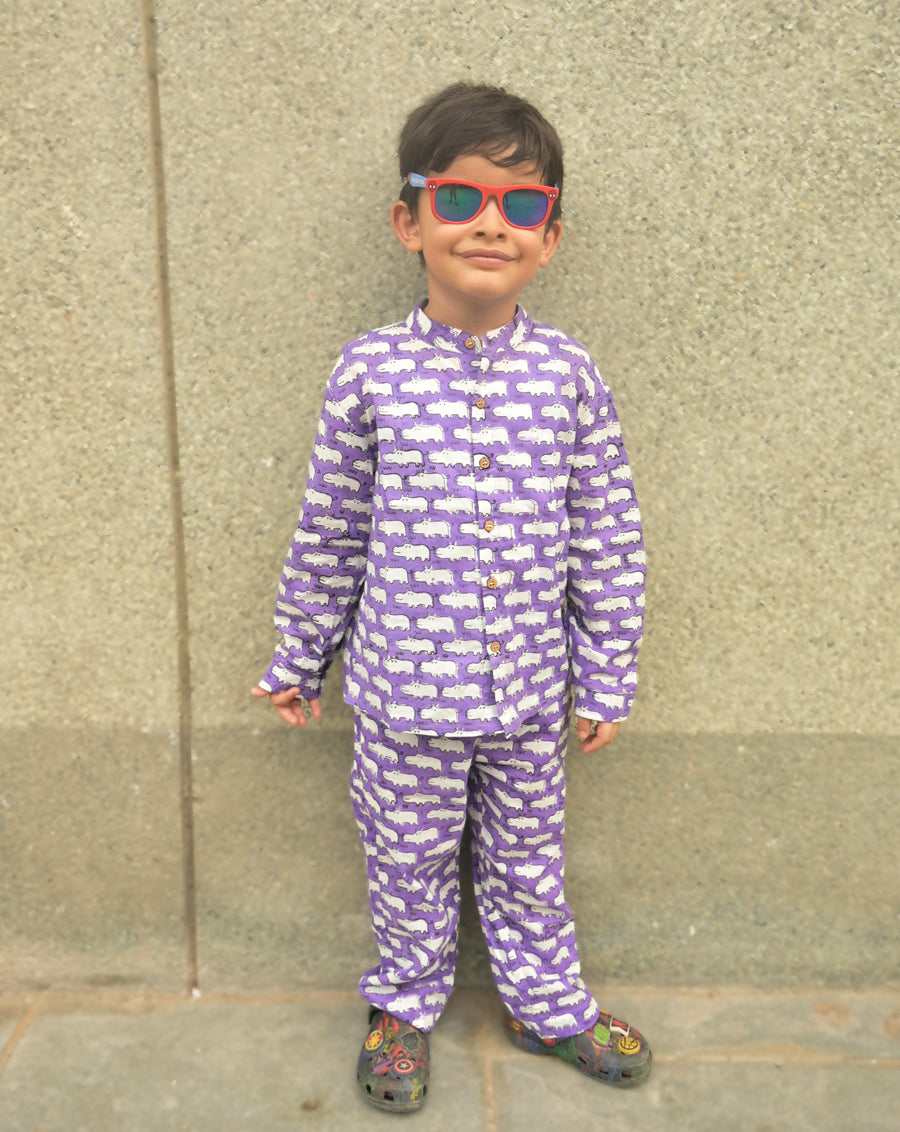 Happy Hippos Cotton Shirt Pyjama Set for Kids