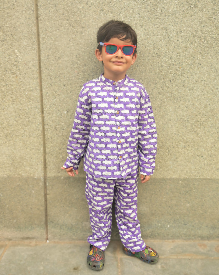 Happy Hippos Cotton Shirt Pyjama Set for Kids