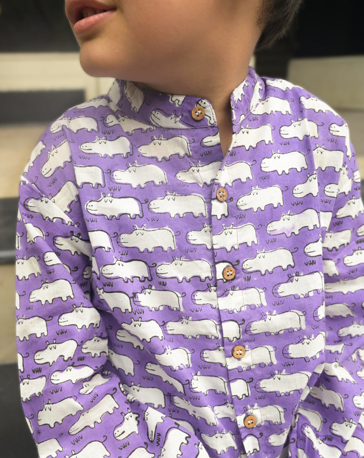 Happy Hippos Cotton Shirt Pyjama Set for Kids