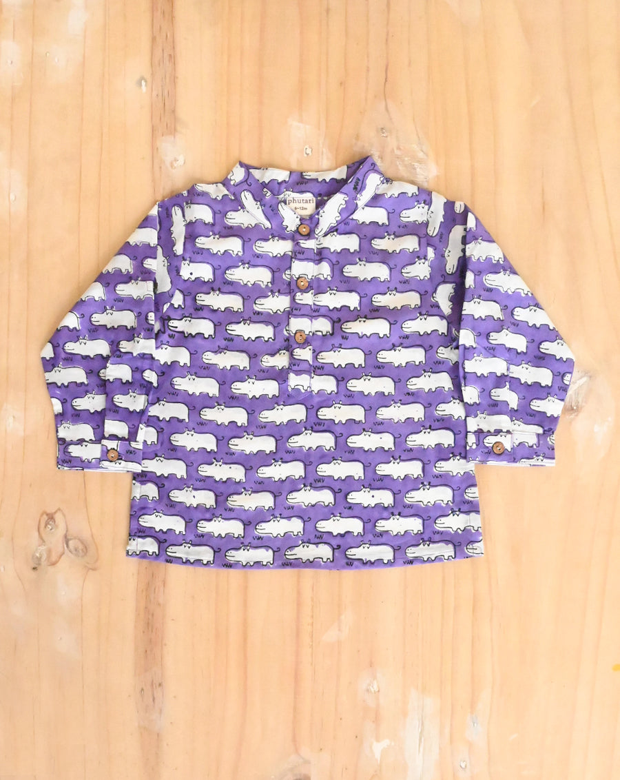 Happy Hippos Purple Cotton Kurta Pyjama Set for Kids