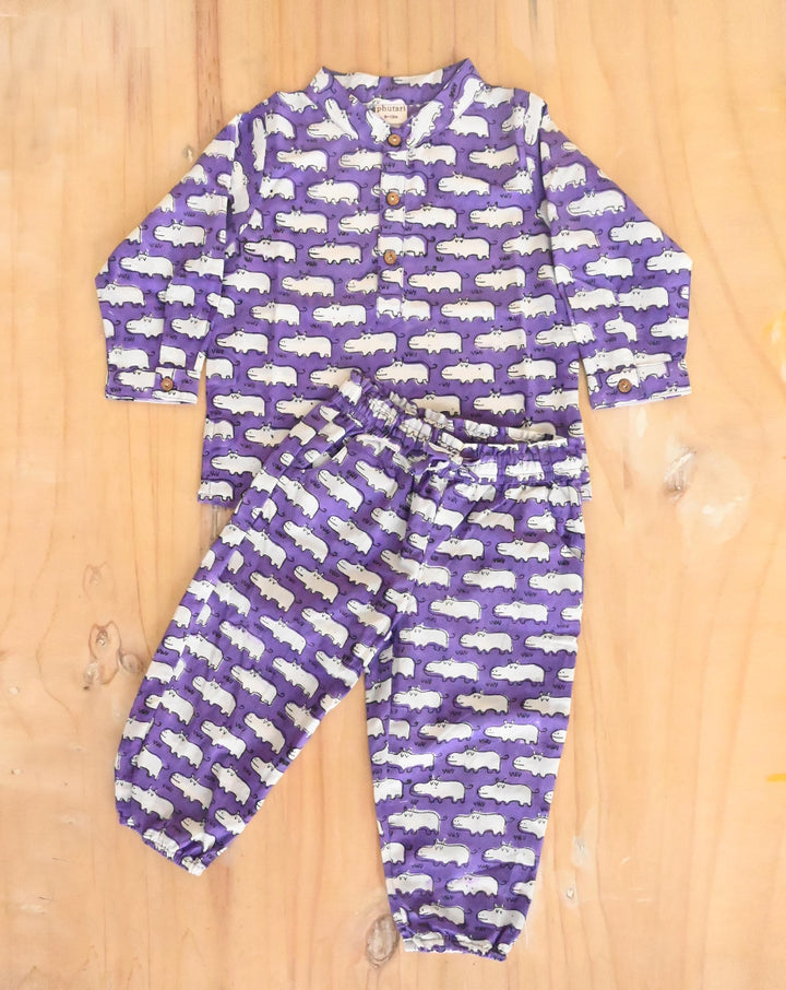 Happy Hippos Purple Cotton Kurta Pyjama Set for Kids