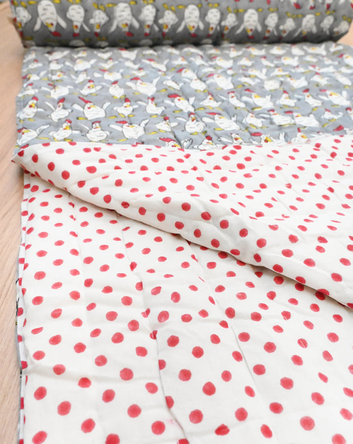 Kuk-Doo-Koo with Polkas Hand Block Printed Cotton Quilt-Minor Defect-Only in Single size