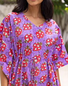 LoveBug Purple Hand Block Printed Cotton Kaftan - Full Length- Minor Defect-FK40