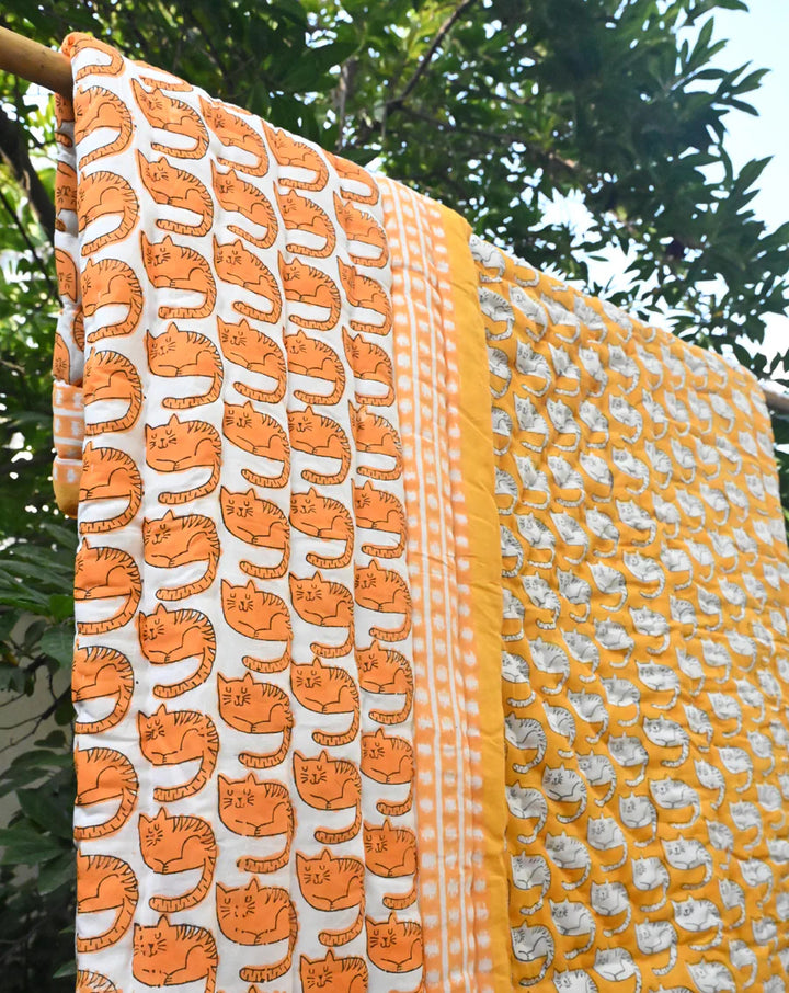 Meow Hand Block Printed Cotton Quilt - Minor Defect B18