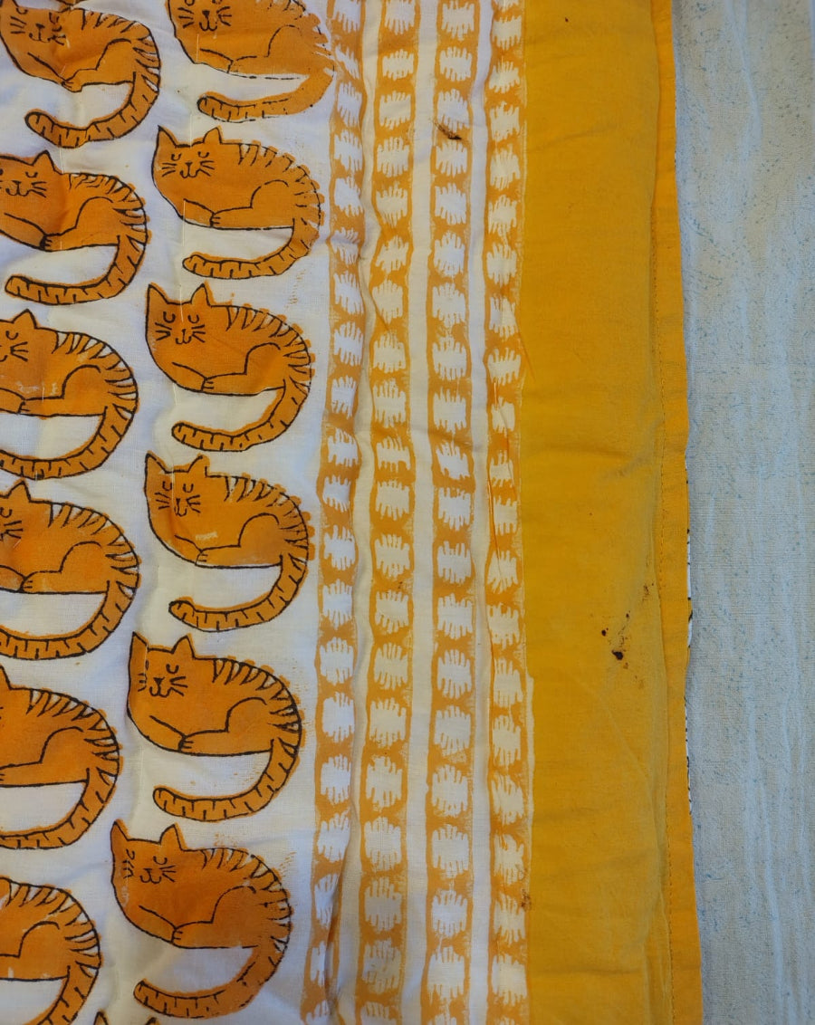 Meow Hand Block Printed Cotton Quilt - Minor Defect B18