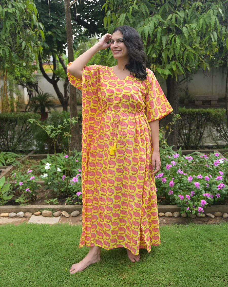 Meow Hand Block Printed Cotton Kaftan - Full Length