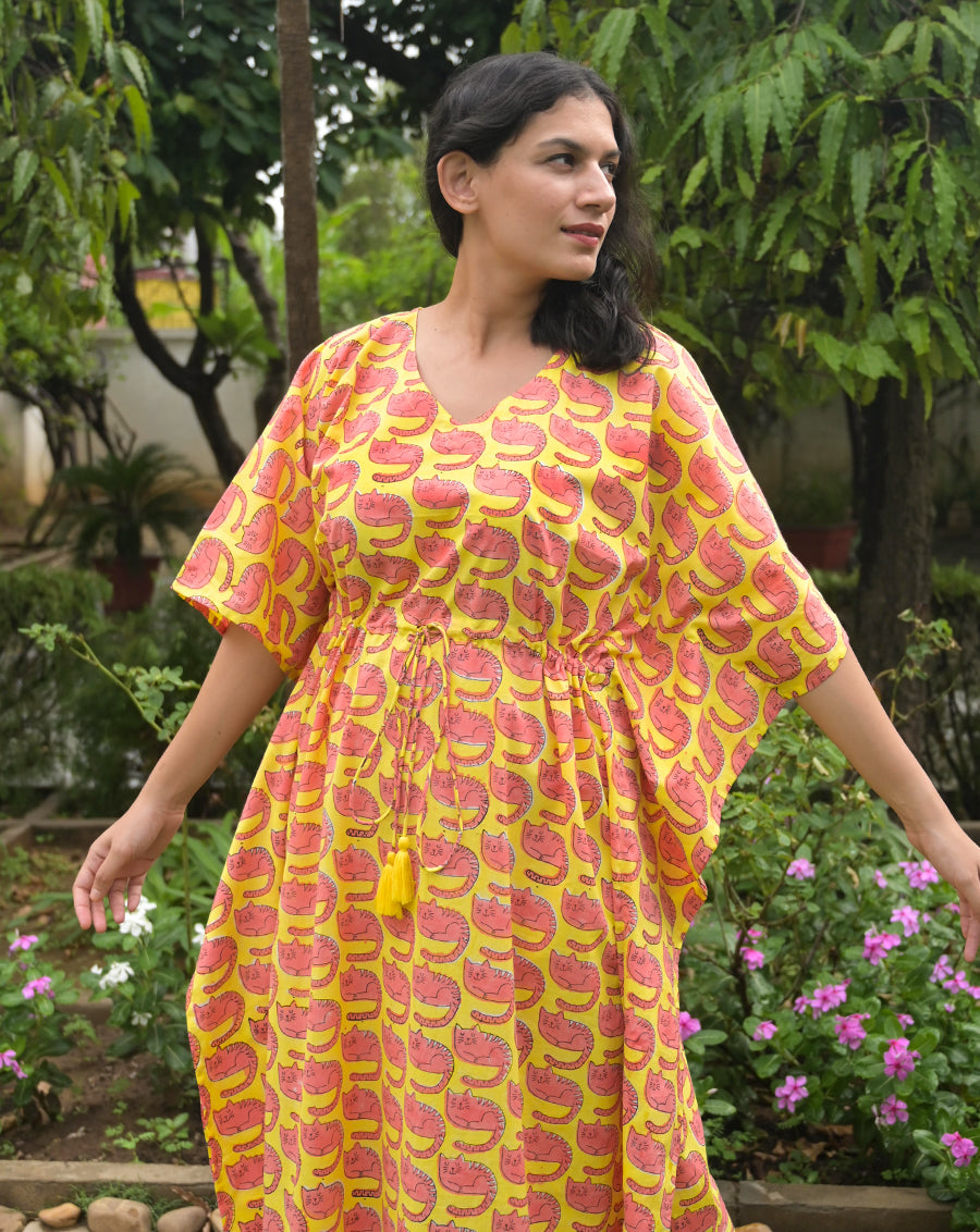 Meow Hand Block Printed Cotton Kaftan - Full Length