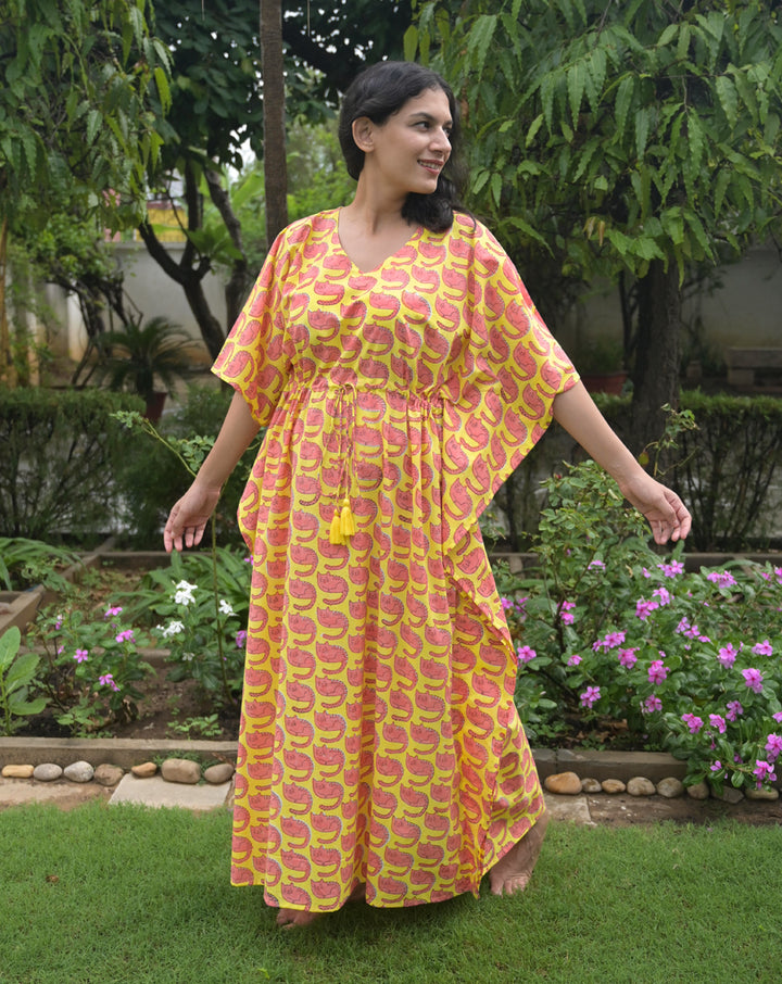 Meow Hand Block Printed Cotton Kaftan - Full Length