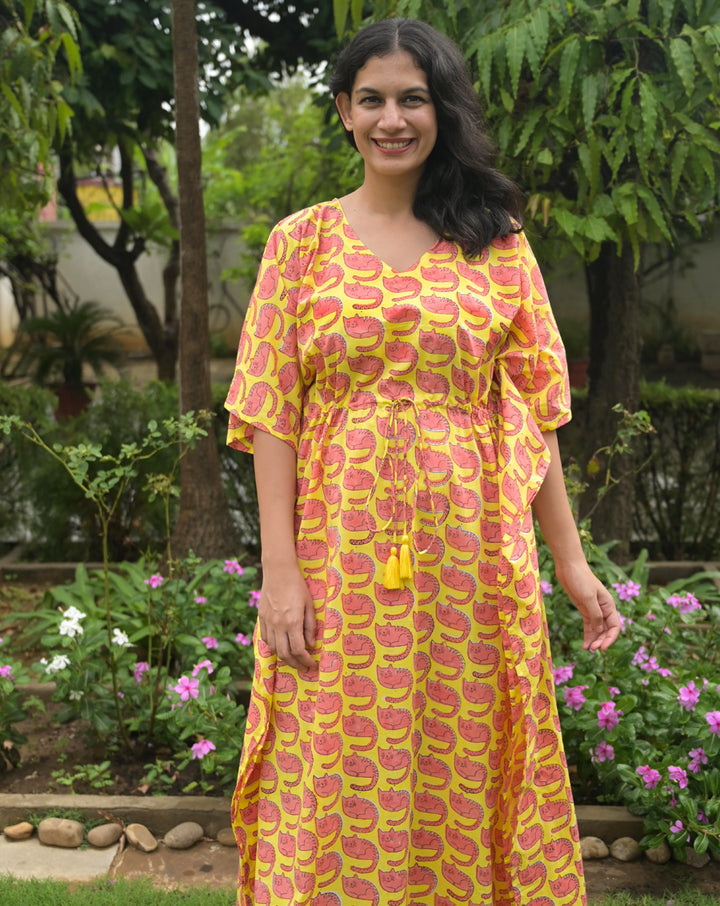 Meow Hand Block Printed Cotton Kaftan - Full Length