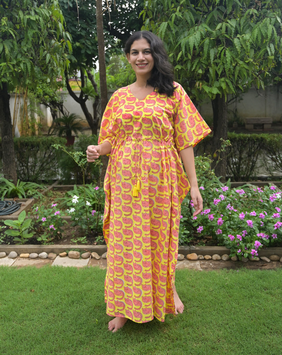 Meow Hand Block Printed Cotton Kaftan - Full Length