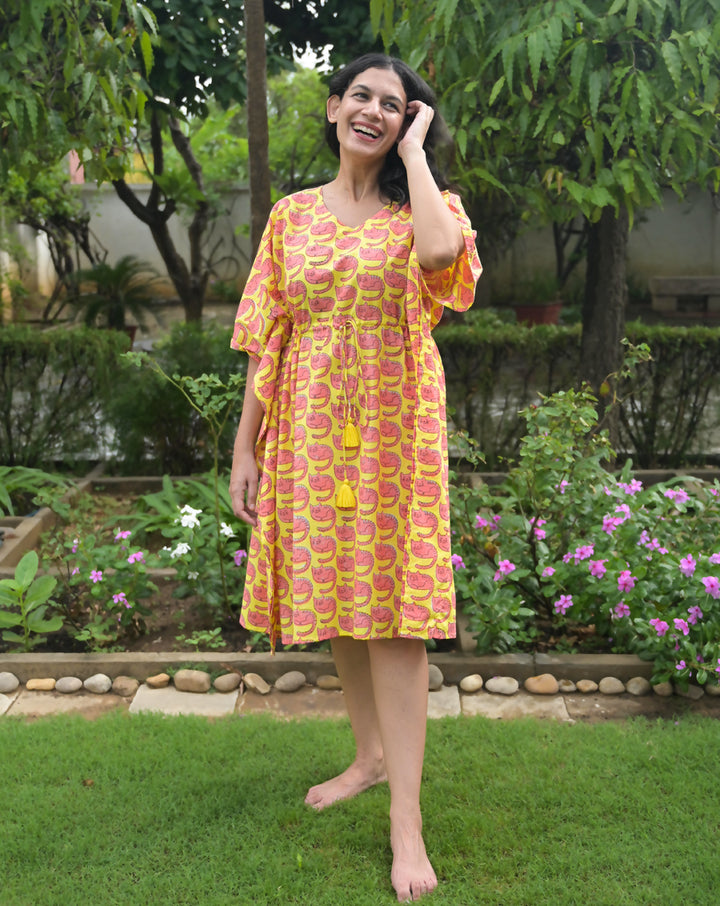 Meow Hand Block Printed Cotton Kaftan - Midi Length