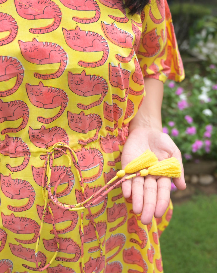 Meow Hand Block Printed Cotton Kaftan - Midi Length