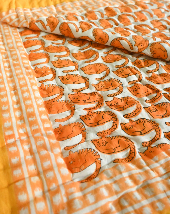 Meow Hand Block Printed Cotton Quilt