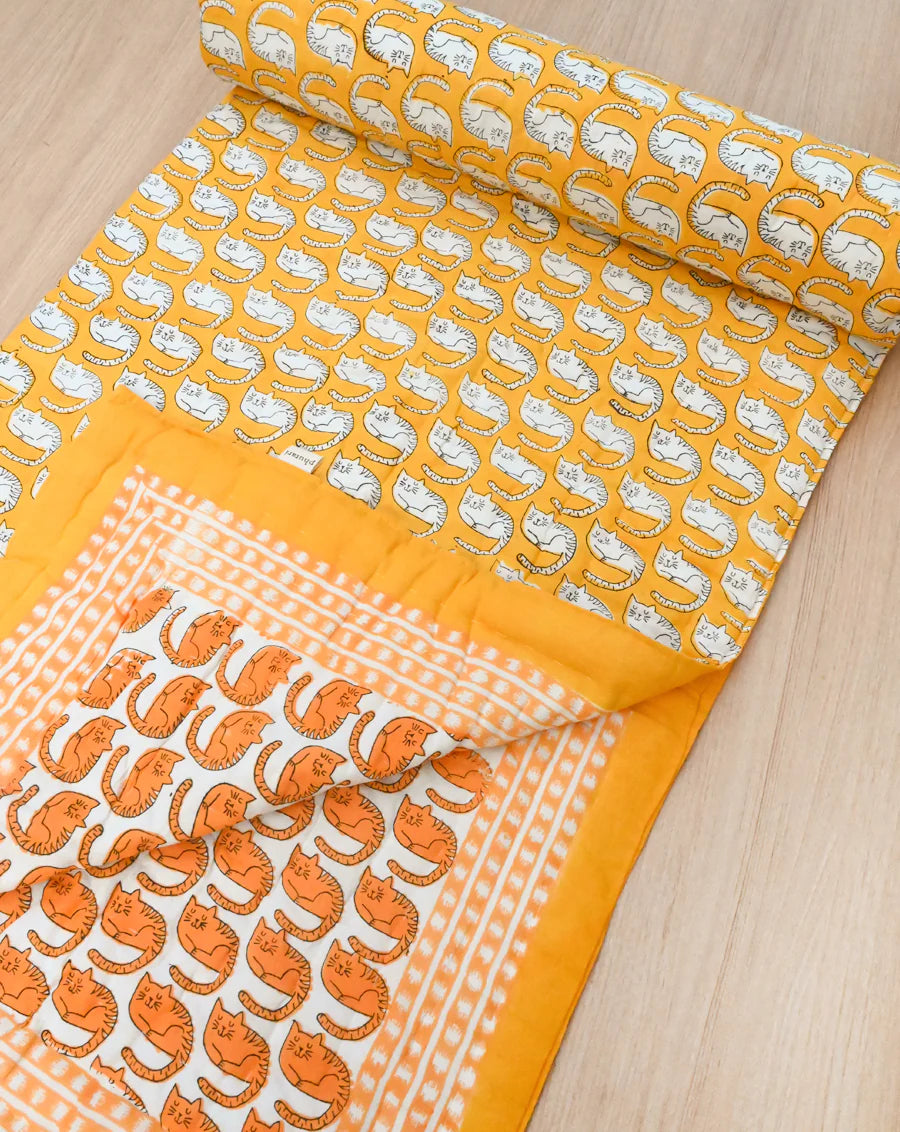 Meow Hand Block Printed Cotton Quilt - Minor Defect B18