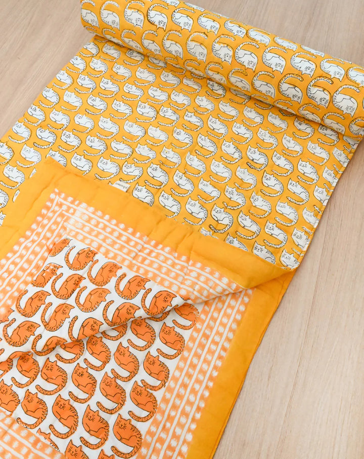 Meow Hand Block Printed Cotton Quilt - Minor Defect B18