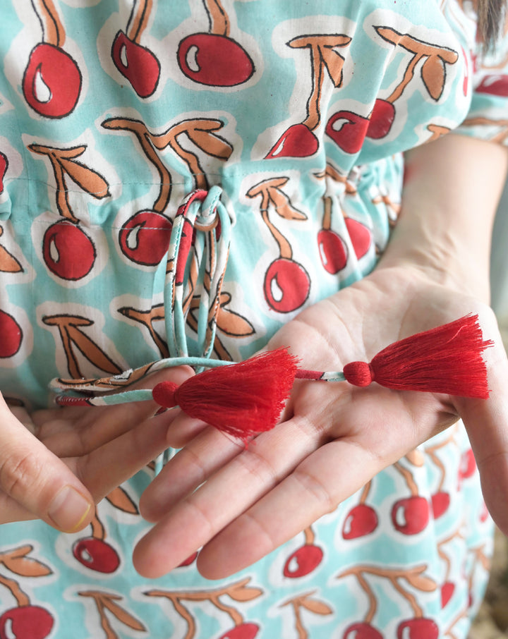 Mint Cherries Hand Block Printed Cotton Kaftan - Full Length