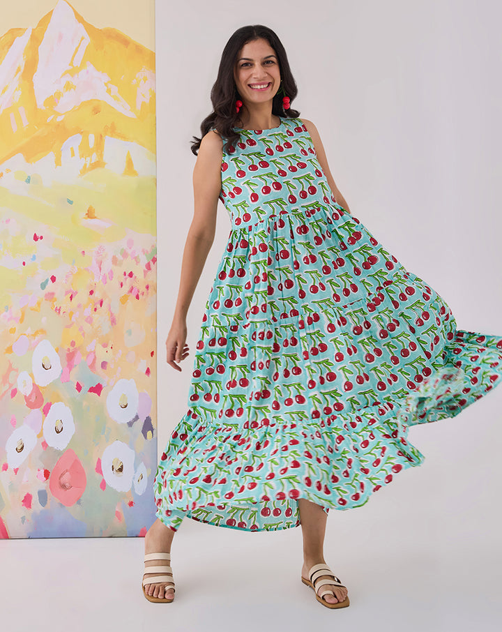 Cherries Cotton Tiered Dress