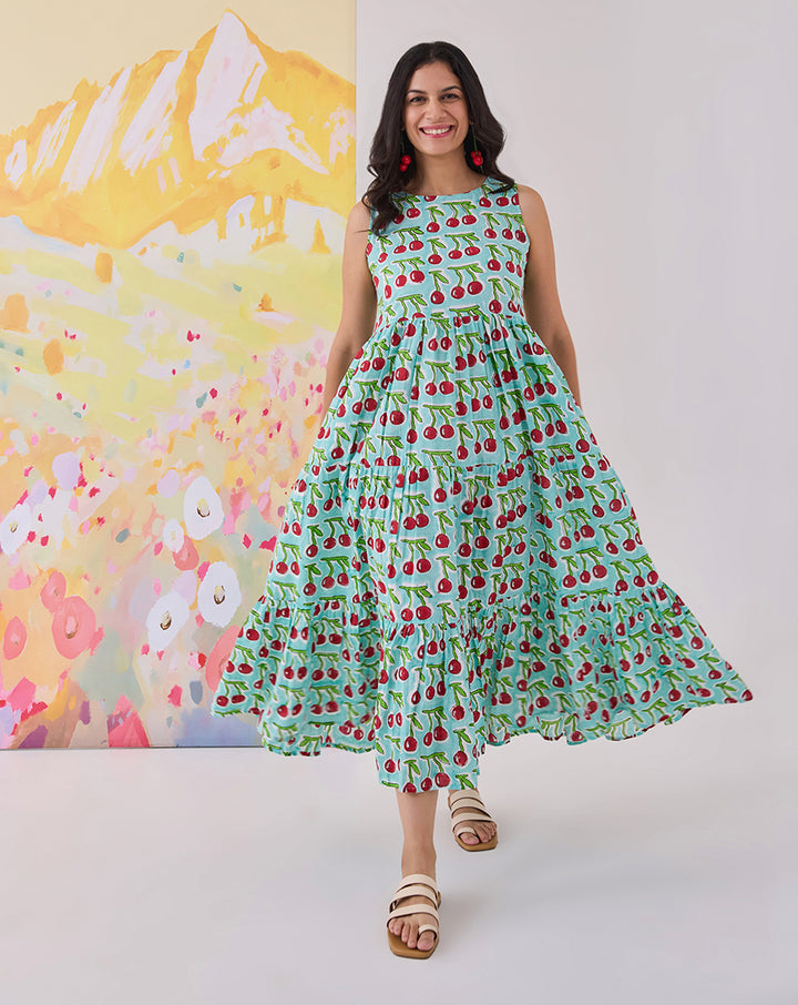 Cherries Cotton Tiered Dress