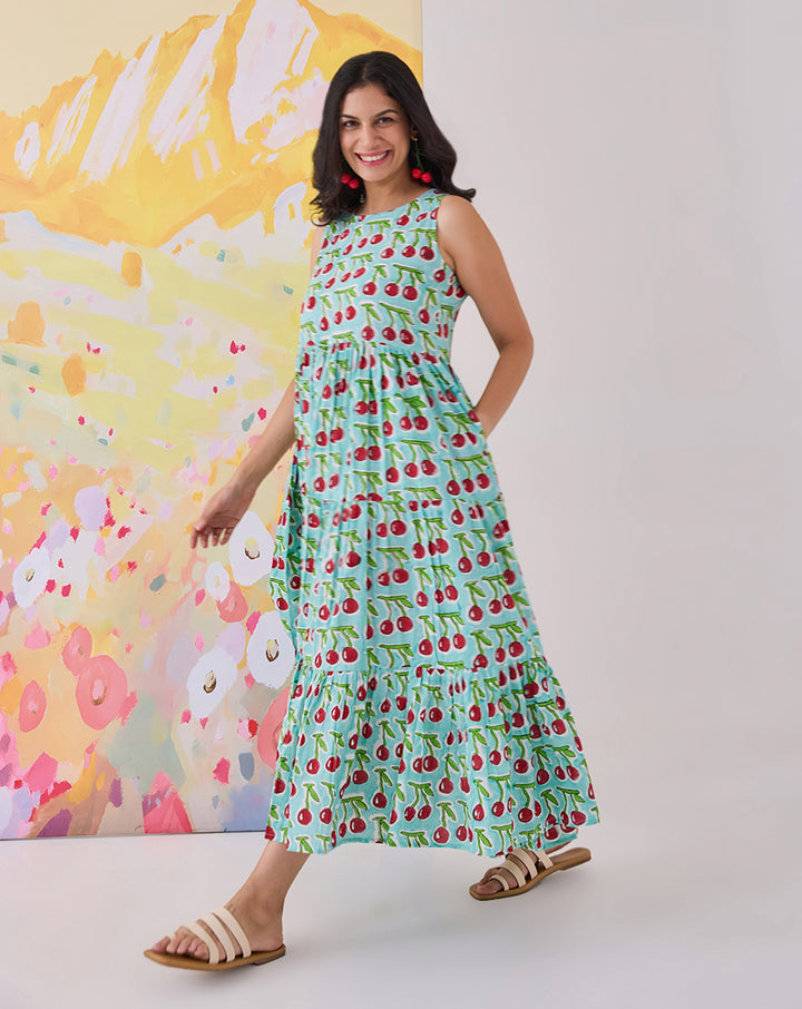 Cherries Cotton Tiered Dress