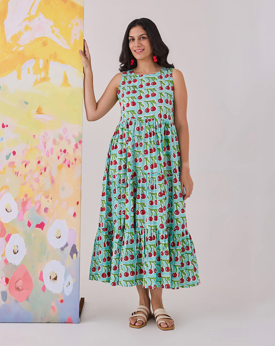 Cherries Cotton Tiered Dress