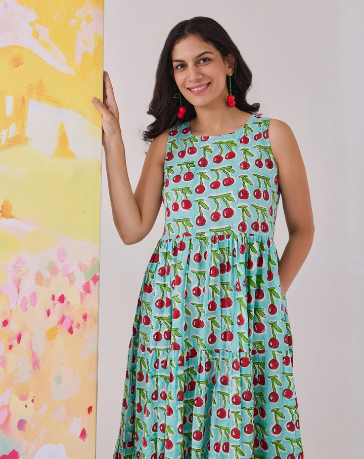 Cherries Cotton Tiered Dress