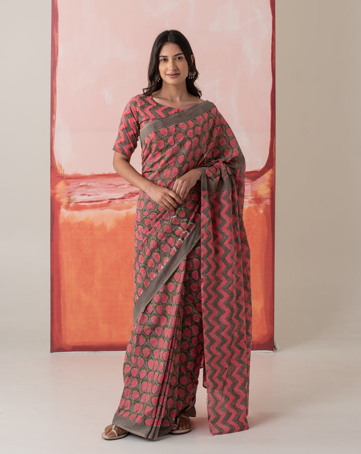 Nutan’s Strawberry Mul Cotton Saree