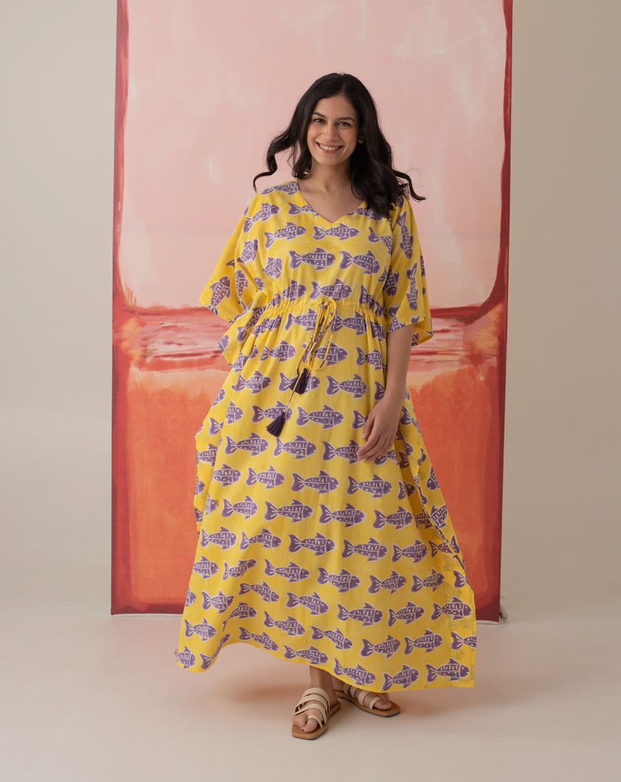 O'Fish Hand Block Printed Cotton Kaftan - Full Length