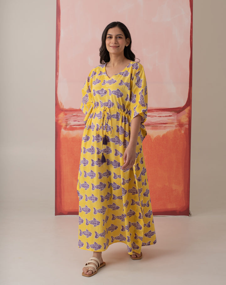 O'Fish Hand Block Printed Cotton Kaftan - Full Length