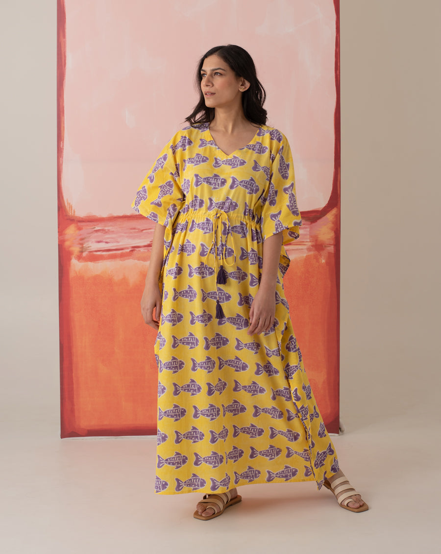 O'Fish Hand Block Printed Cotton Kaftan - Full Length
