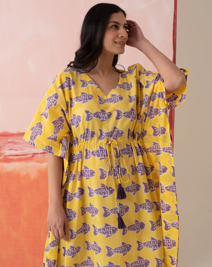 O'Fish Hand Block Printed Cotton Kaftan - Full Length